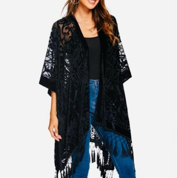 Art Deco Black Velvet Kimono, Semi Sheer, Burn out, Fringed, Cover, Jack… - Picture 2 of 4